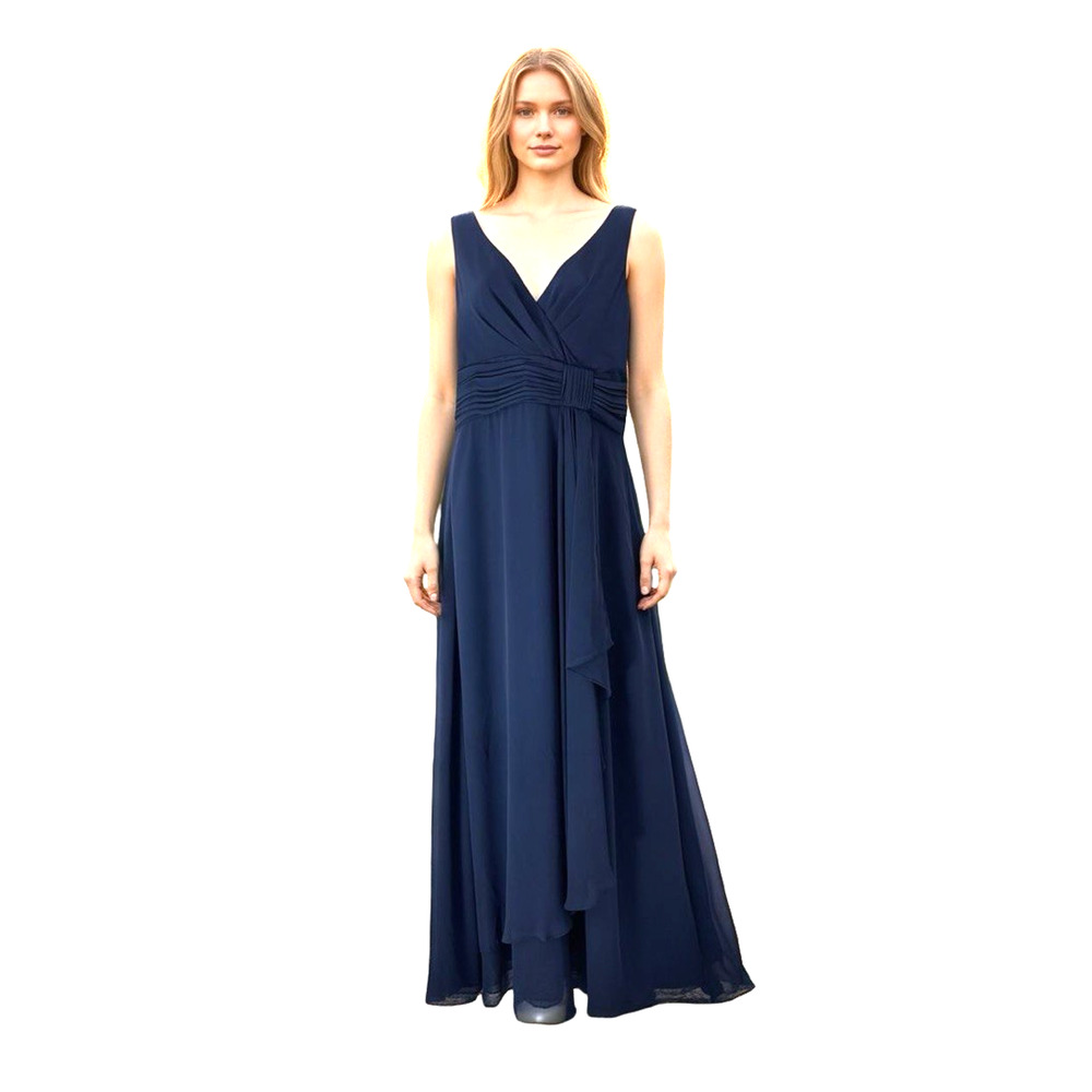 Eliza J Womens Chiffon Navy Ruched V-Neck Evening Formal Maxi Lined Dress sz 8